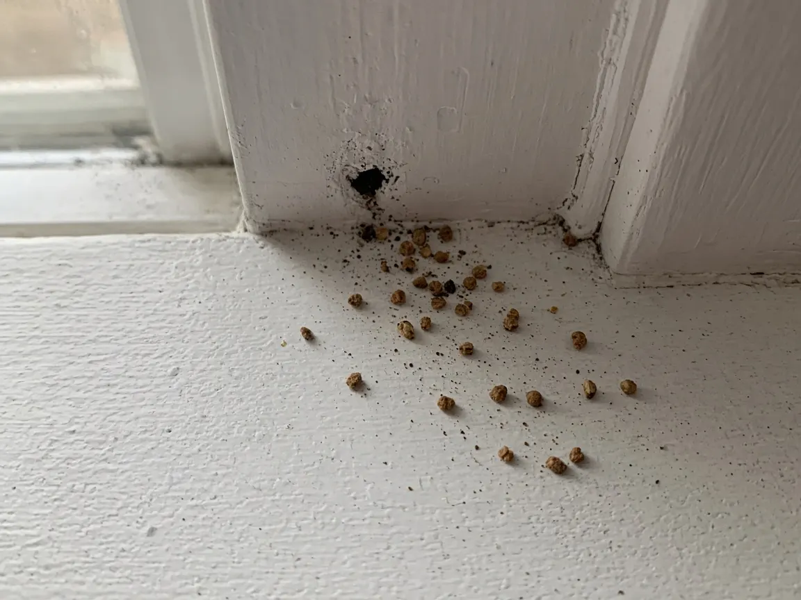 Small pile of tan drywood termite pellets on a white windowsill below a hole in the trim
