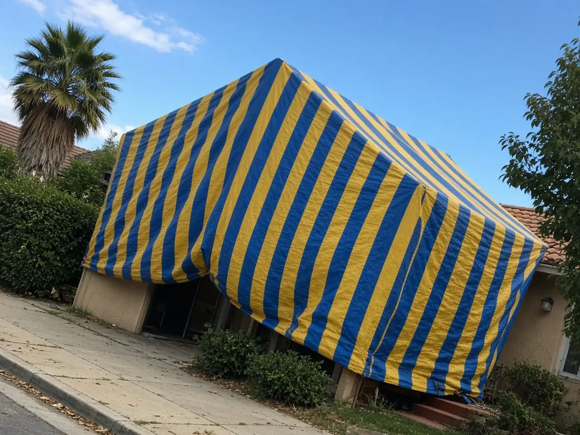 Single-story stucco house in California covered with a striped fumigation tent