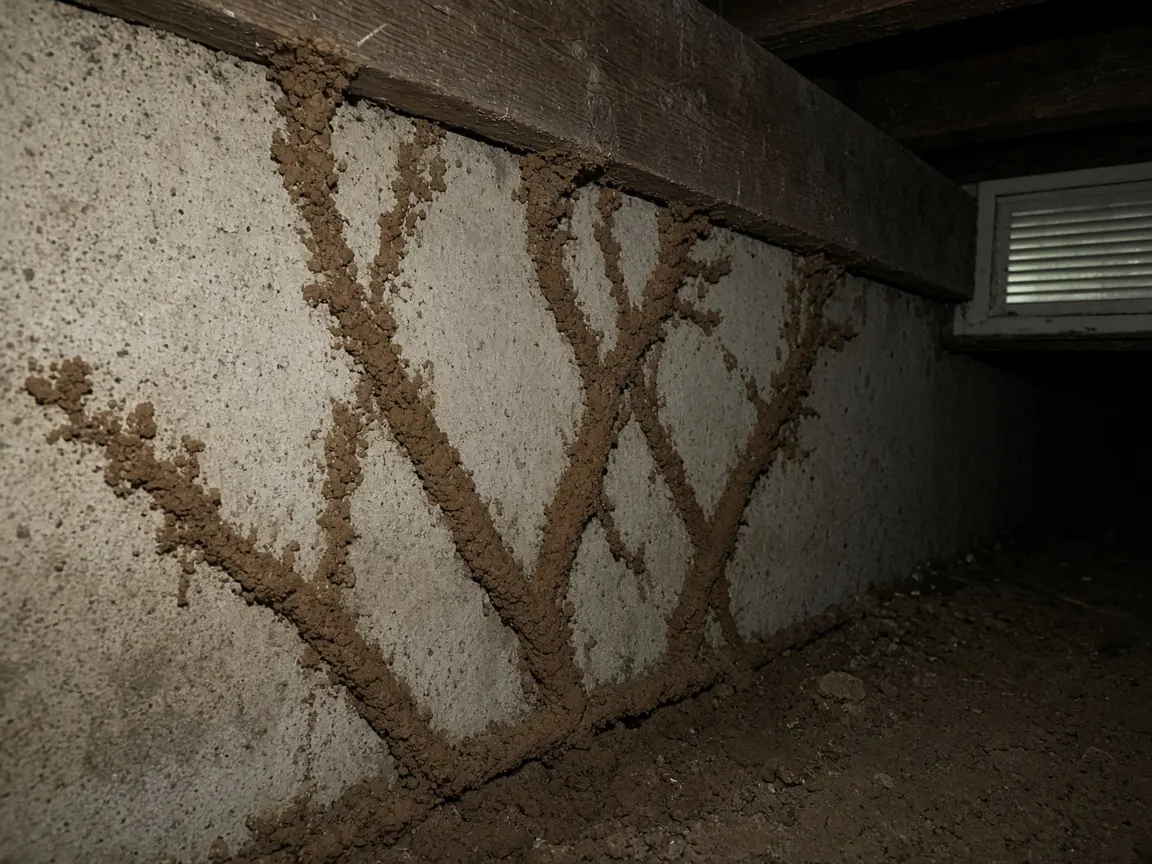 Brown mud tubes climbing a concrete foundation wall in a crawl space toward a wooden sill